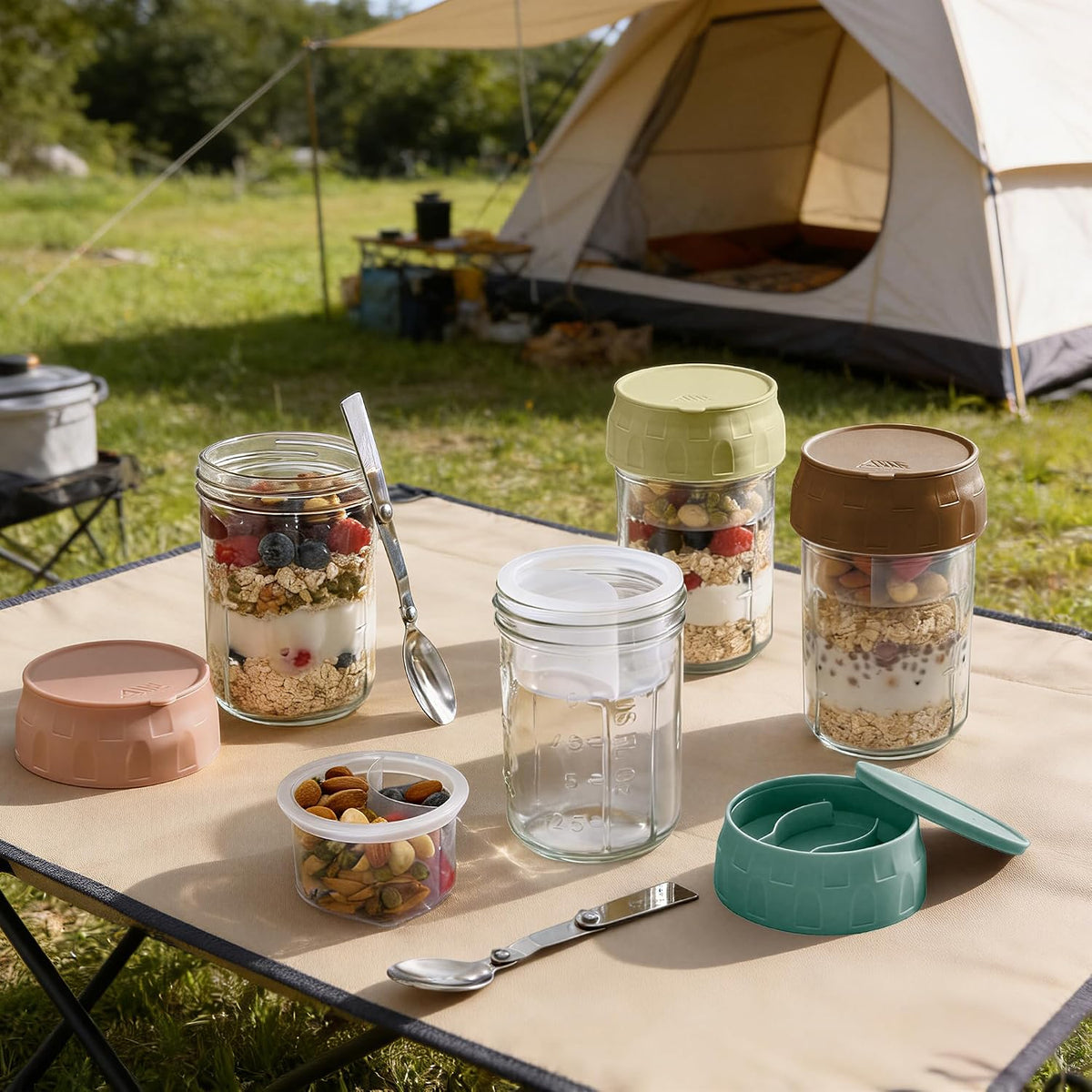 Overnight Oats Containers with Lids, 4 Pack 16 Oz Glass Mason Jars - Leakproof Meal Prep Jars, Separate Compartment, Folding Spoon, Yogurt Parfait Cups, Stackable, BPA Free