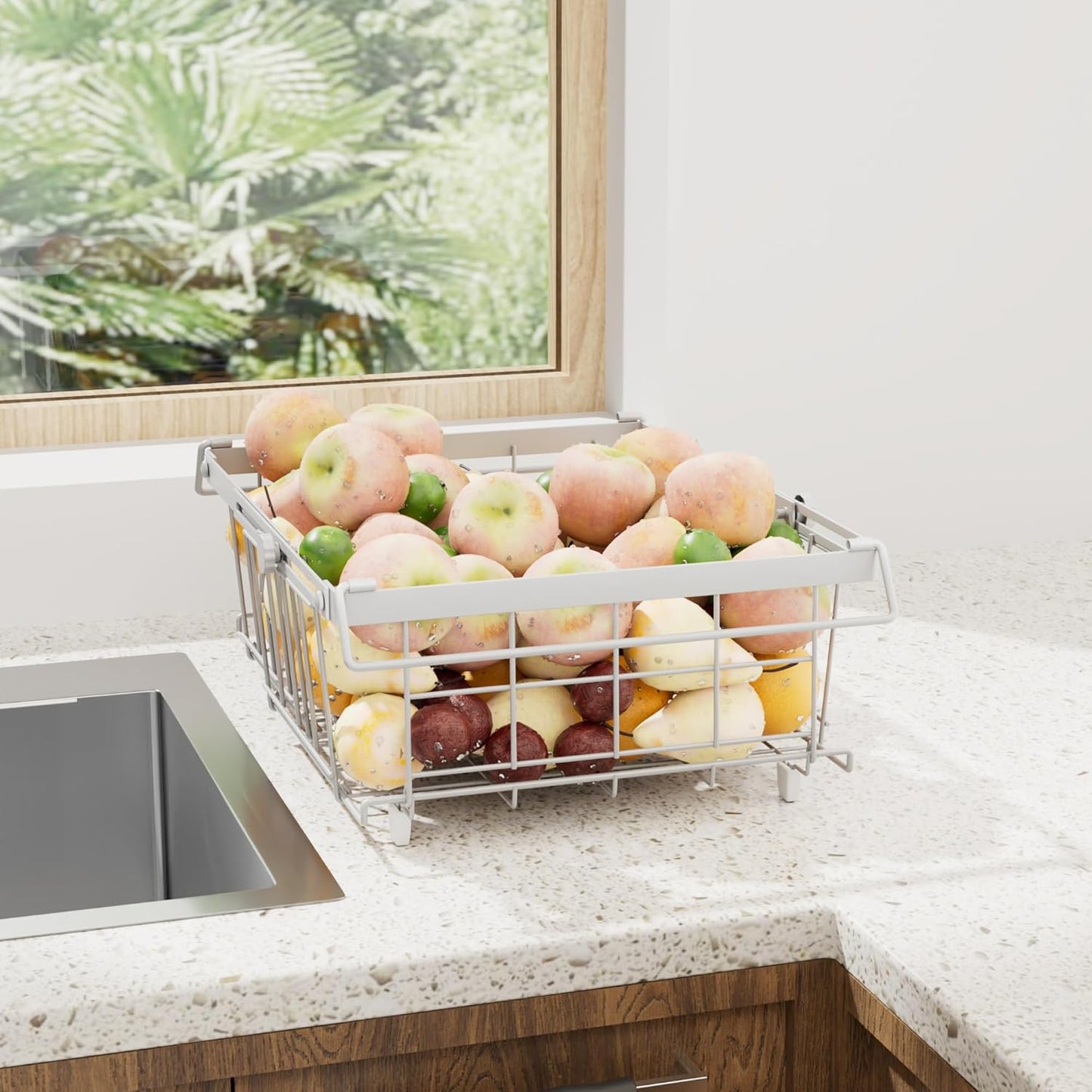 Freezer Organizer Bins 6 Pack: Wire Basket Stackable Storage Containers Expandable 11.81" to 17.72" with Foldable Handles for 5+ Cu.FT Fridge Cabinet Shelves Pantry Kitchen White