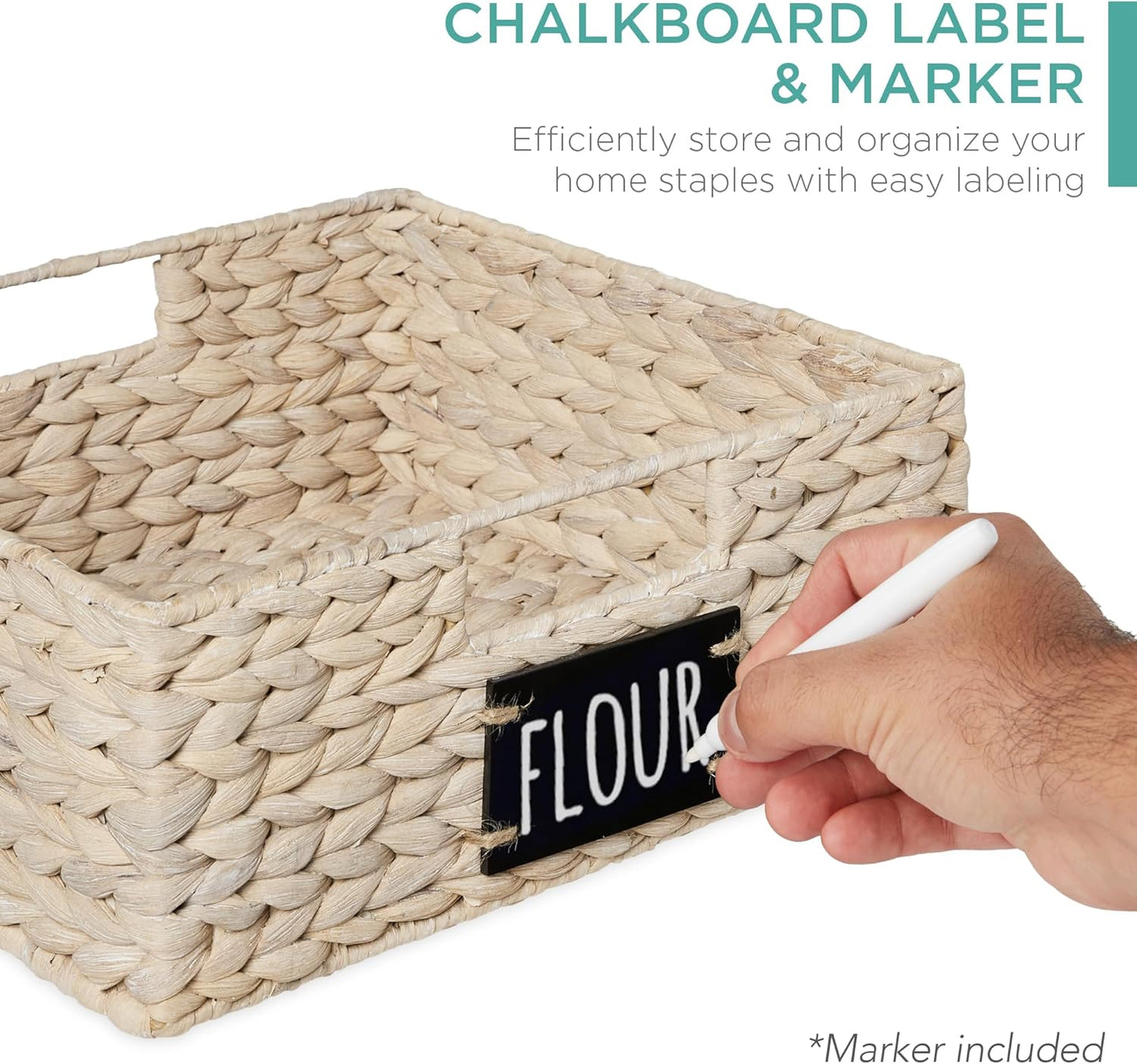 Best Choice Products Set of 4 9x12in Water Hyacinth Pantry Baskets, Woven Organizers w/Chalkboard Label, Chalk Marker - Natural