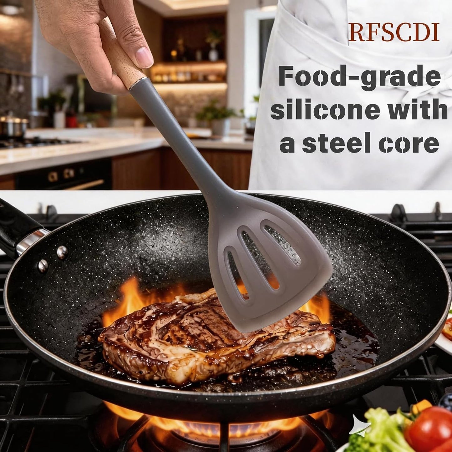 Exquisite Silicone Cooking Utensils Set - Non-Toxic, Heat-Resistant Kitchen Utensils Set with Food-Grade Silicone & Wood Handles - Includes Spatula & Spoon for Non-Stick Cookware, Black