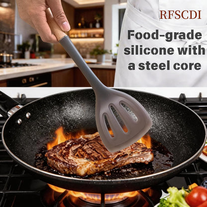 Exquisite Silicone Cooking Utensils Set - Non-Toxic, Heat-Resistant Kitchen Utensils Set with Food-Grade Silicone & Wood Handles - Includes Spatula & Spoon for Non-Stick Cookware, Black