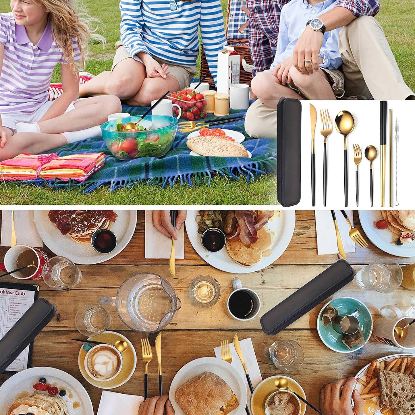AARAINBOW 8 Pieces Stainless Steel Flatware Set Portable Reusable Cutlery Set Travel Utensils Set Including Chopsticks Knife Fork Spoon Straws Cleaning Brush Dishwasher Safe (Pink Golden)