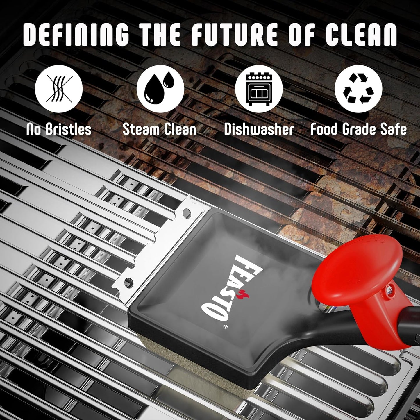 Feasto Bristle Free Grill Brush with Scraper for Outdoor Grills, Reinforced Steam BBQ Cleaning Brush with Replaceable Cleaning Head, Safe Grill Cleaner for Cast Iron & Stainless Steel Grates, Red