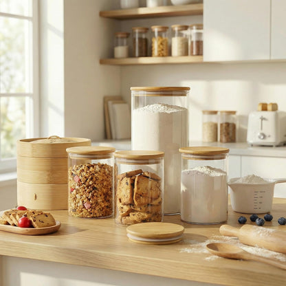 32oz - 4 Pack Glass Jars with Bamboo Lids, Glass Pantry Storage Containers with Airtight Lids, Round Air Tigh Food Storage Canisters for Cereal, Pasta, Flour, Sugar, Rice, Best for Kitchen Organizer