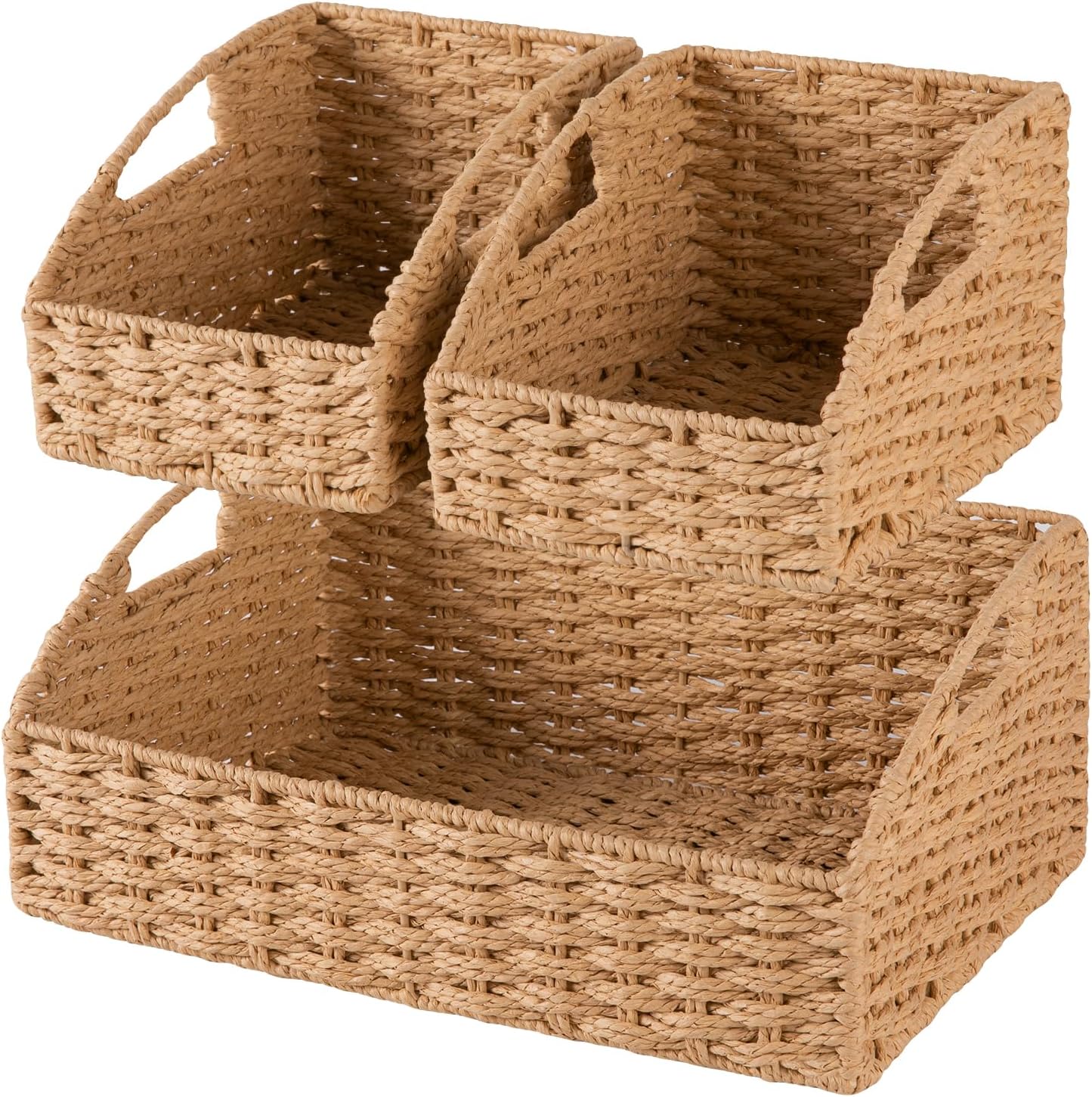OIAHOMY Pantry Baskets for Organizing, Paper Rope Baskets with Built-in Handles, Wicker Storage Bins for Shelves, 2 Pack-Yellow