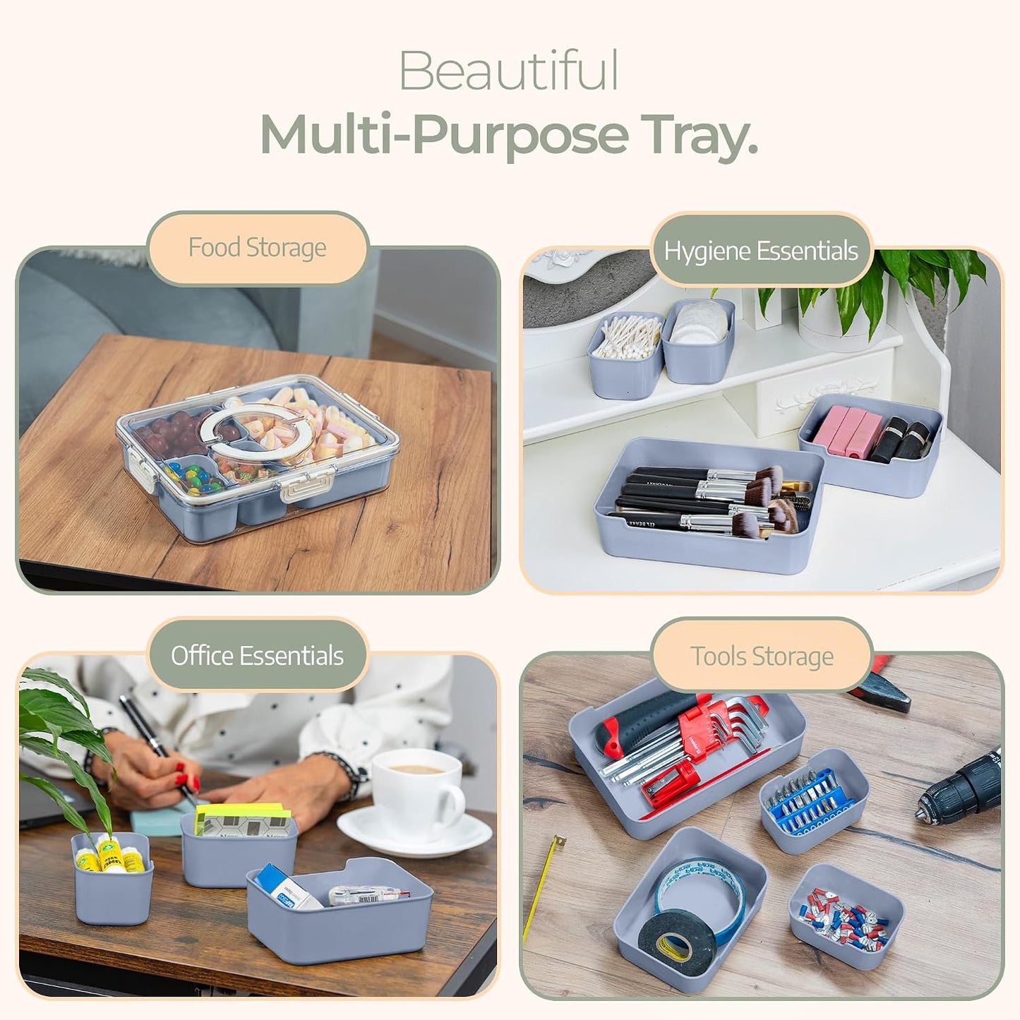 Small Snackle Box Container - Travel Snack Box Container - Snacklebox - Divided Serving Tray With Lid and Handle - Portable Snack Tray With Lid - Snackle Boxes 4 compartment Grey Blue (Cream)