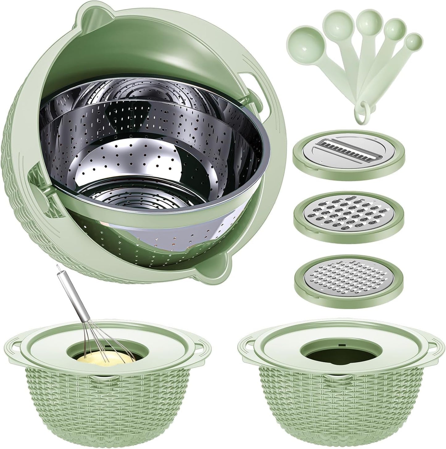 4-1 Colander with Bowl & Spoons Set - Rotatable Colander for kitchen with New Upgraded Graters, Food Strainer(Patented) for Pasta, Fruits, Vegetables, Funny Presents for Women, Beige