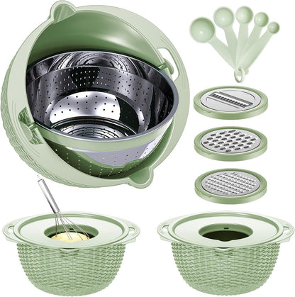 4-1 Colander with Bowl & Spoons Set - Rotatable Colander for kitchen with New Upgraded Graters, Food Strainer(Patented) for Pasta, Fruits, Vegetables, Funny Presents for Women, Beige