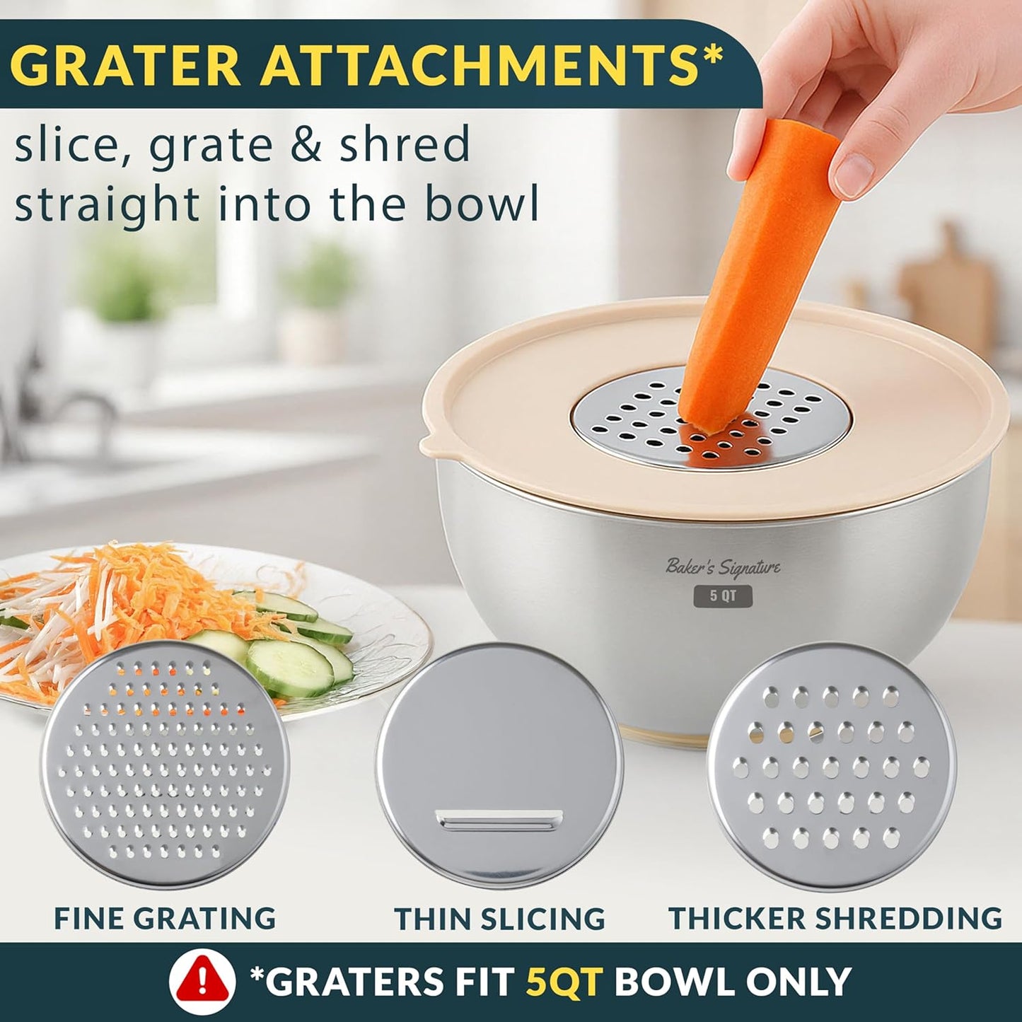Baker's Signature Stainless Steel Mixing Bowls with Lids Set, 5 Sizes, 3 Graters, Non-Slip Base, Airtight Lids, Metal Mixing Bowls for Kitchen, Food Prep, Storage, 0.63QT-5QT, Black