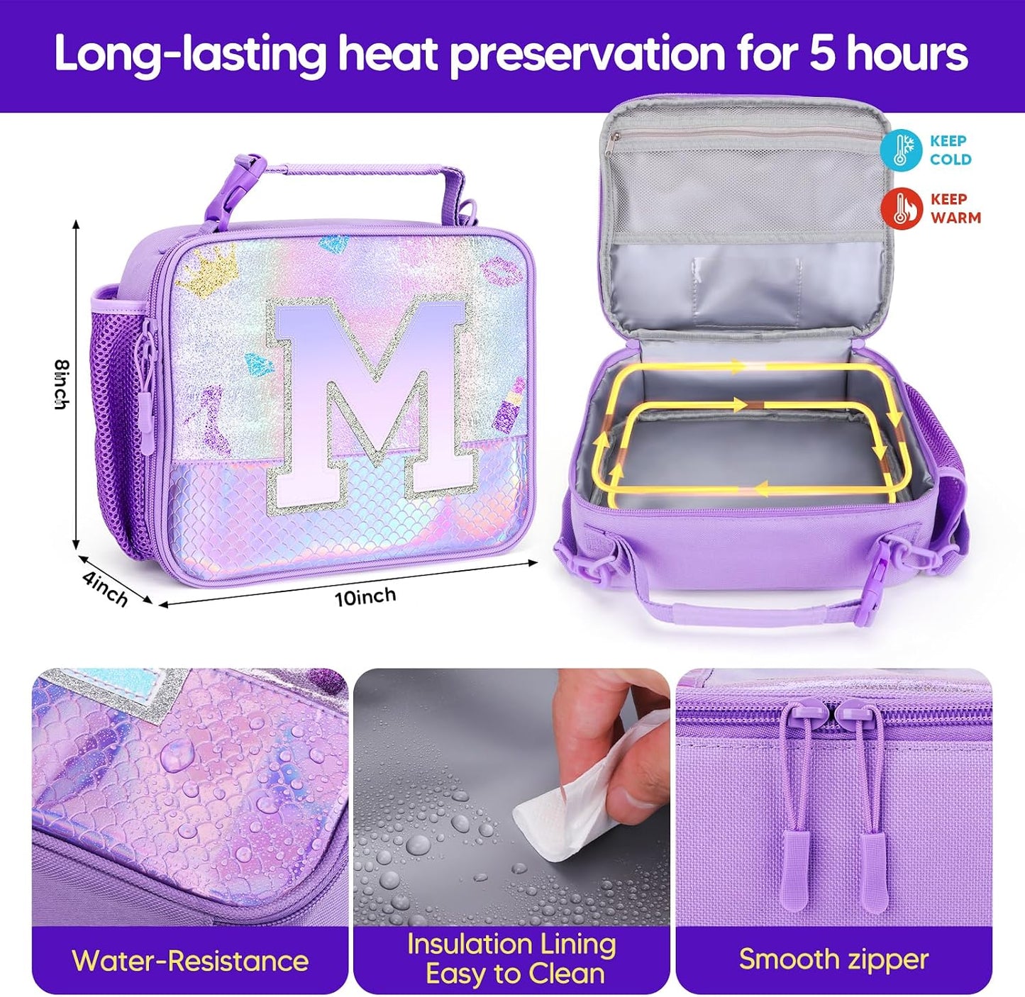 JYPS Lunch Box for Girls-Insulated Lunch Bag,Kids Bento Box with 6 Compartment,Water Bottle,Ice Pack,Salad Container,Perfect Lunch Container for Kids and Toddlers Back to School Age 7-15(Purple M)