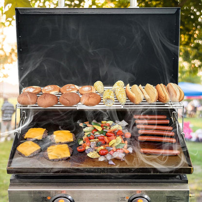 Utheer 2-Pack Griddle Warming Rack for Blackstone 28" Griddles, Stainless Steel Flat Top Grill Accessories | Reversible Rack Adds Prep Space, Foldable Clip-On Design Expands Cooking & Holding Area
