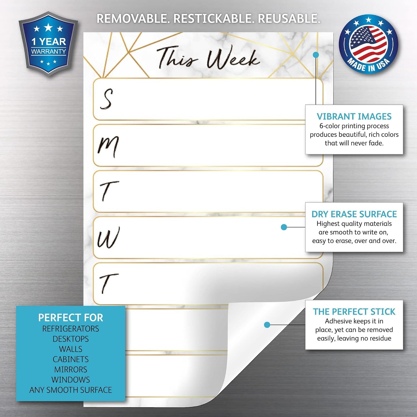 Dry Erase Weekly Calendar Planner Sticker Decal | Removable & Reusable | Magnetic Fine-Tip Marker Included (6 x 9 inches, White)