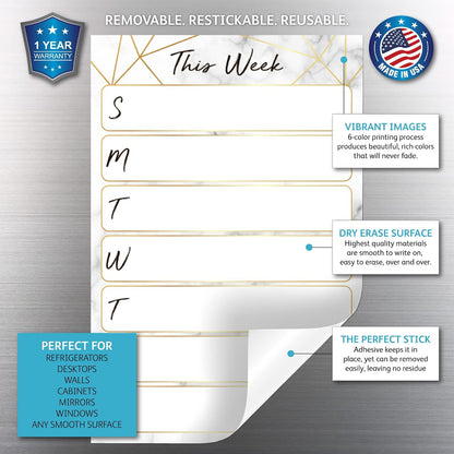 Dry Erase Weekly Calendar Planner Sticker Decal | Removable & Reusable | Magnetic Fine-Tip Marker Included (6 x 9 inches, White)