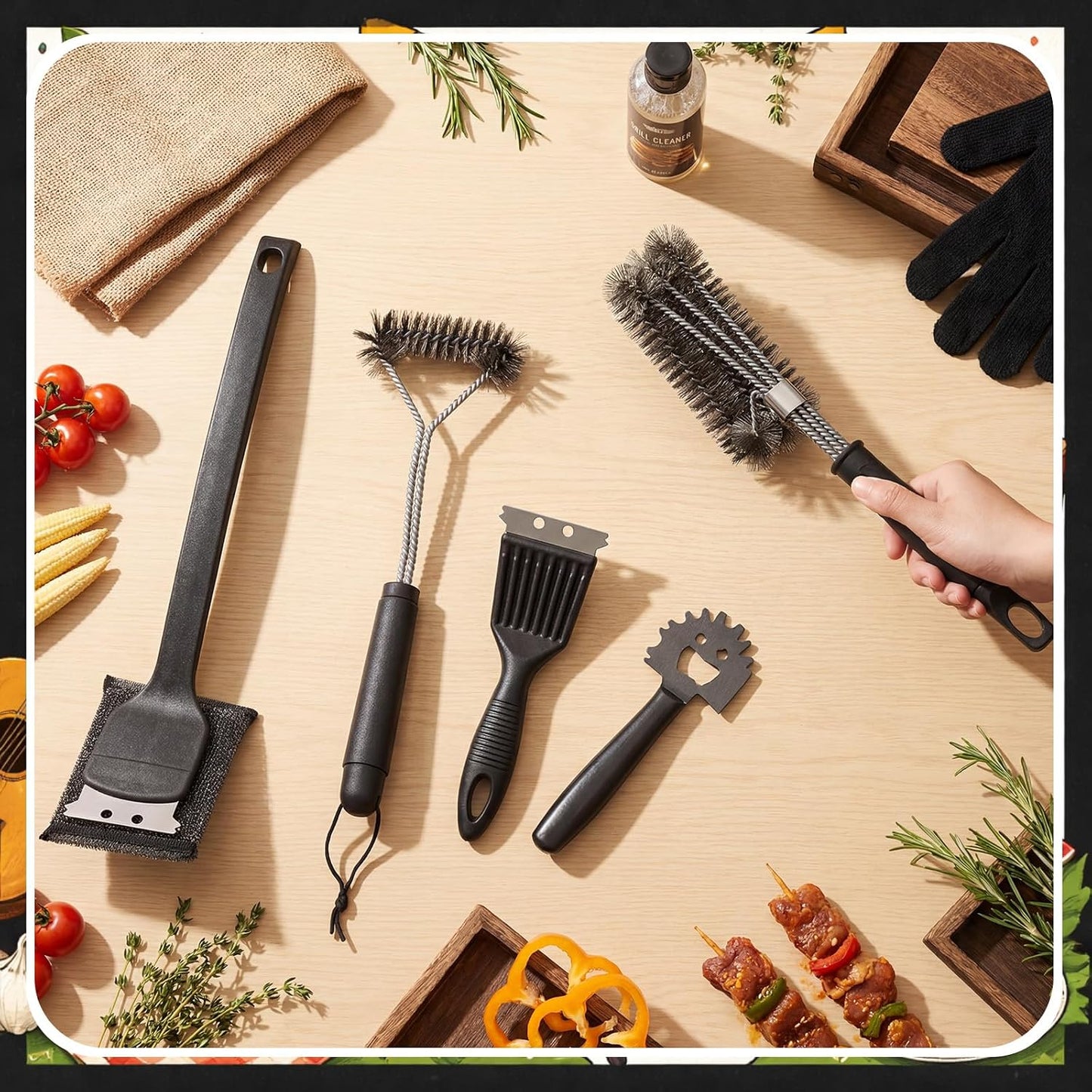5 Pcs BBQ Grill Brush for Outdoor 304 Stainless Steel Grill Cleaning Tools Set with Scraper, Pointed Tail, Triangular, Scouring Pad Brush for Gas Porcelain Charbroil Grates for Men Dad