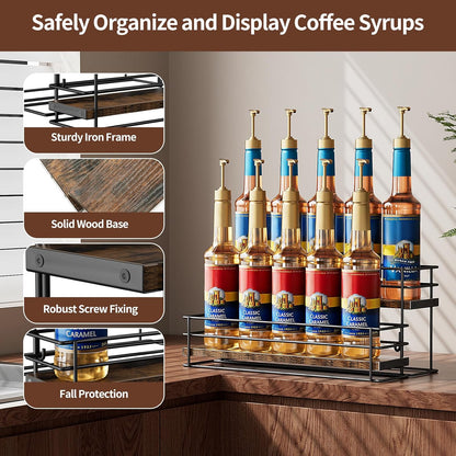 Nuovoware Coffee Syrup Organizer, 2-Tier 10 Bottles Bar Organizer, Separable Metal Rack with Wooden Base Whiskey Wine Dressing for Countertop Kitchen Coffee Bar, Black