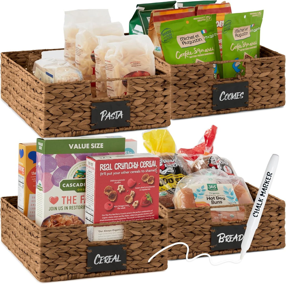 Best Choice Products Set of 4 9x12in Water Hyacinth Pantry Baskets, Woven Organizers w/Chalkboard Label, Chalk Marker - Natural