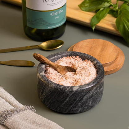 Cork & Mill Marble Salt Cellar with Acacia Wood Lid and Spoon, White