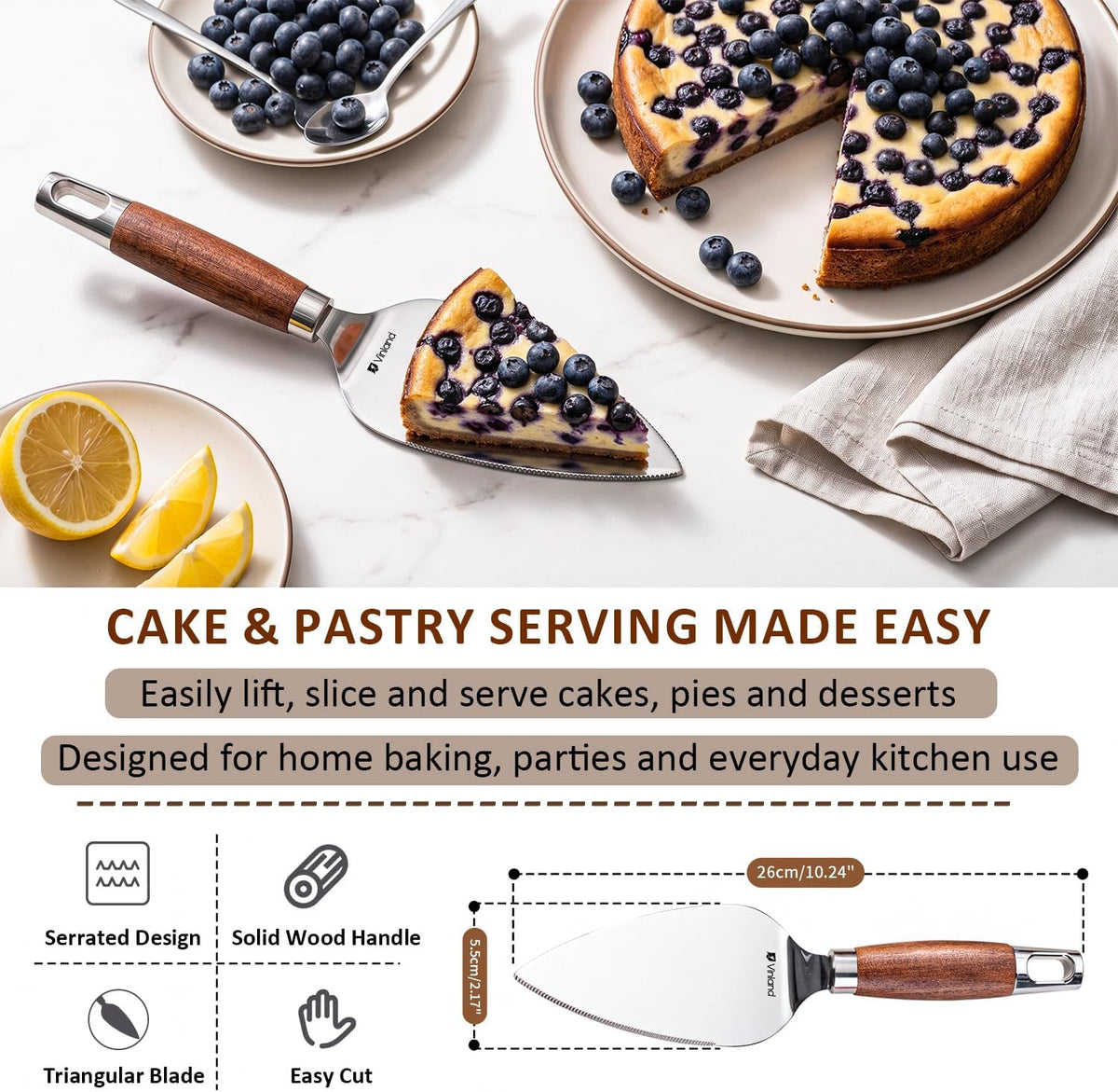 Stainless Steel Serrated Pie Server Spatula – 1 PCS Wooden Non-Slip Easy Grip Cake Cutter and Server, Left & Right Handed Dessert Serving Tool with Hanging Hole for Pies, Pizza, Lasagna, Wedding Cakes