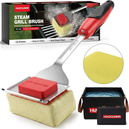 Grill Brush Bristle Free with Collapsible Bucket, BBQ Grill Cleaning Brush for Outdoor with Replaceable Head and Scraper, Safe Non-Metallic Bristles for Cast Iron or Stainless-Steel Grill Tools