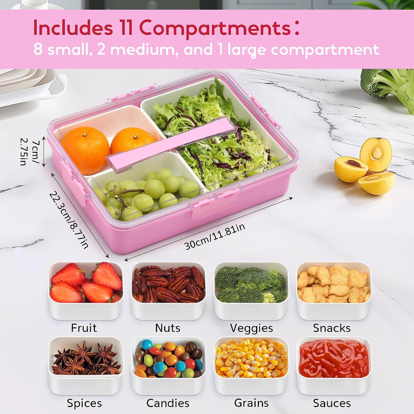Snackle Box Container for Adults, 11 in 1 Divided Serving Tray Snack Box Containers with Stackable Compartment and Handle, Customizable Charcuterie Boxes Portable Snack Platter for Party Travel, Brown