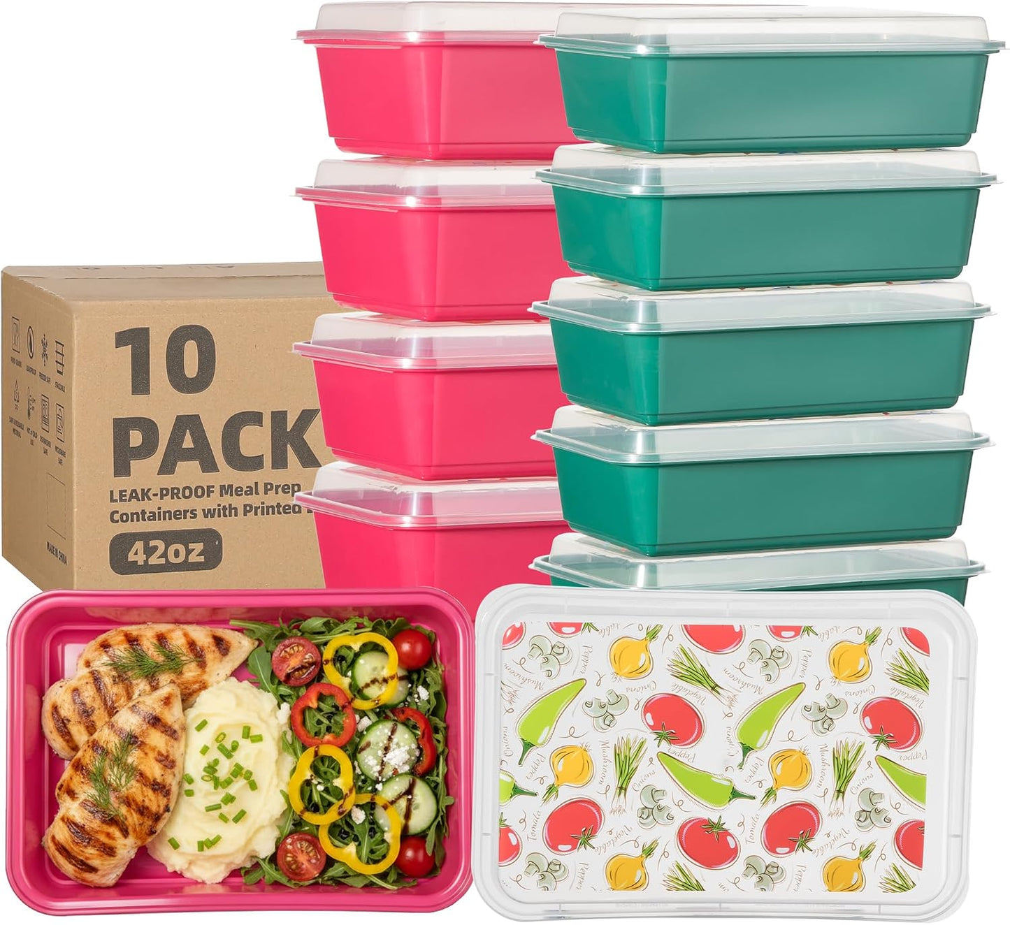 10 Pack 42 oz Meal Prep Containers, Reusable Plastic Food Prep Storage Containers with Printed Lids, Stackable, Leakproof, Microwave & Freezer & Dishwasher Safe,To Go Take Out Box, Avocado