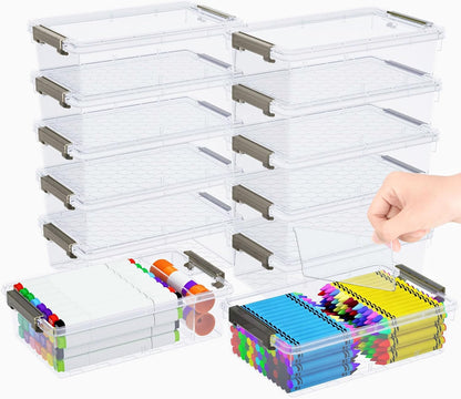 6 Pack Extra Large Pencil Box with Removable Divider, Thickened Pencil Case Bulk, Clear Crayon Marker Organizer Stackable Plastic Small Storage Containers for Pen Craft School Supplies(Grey)