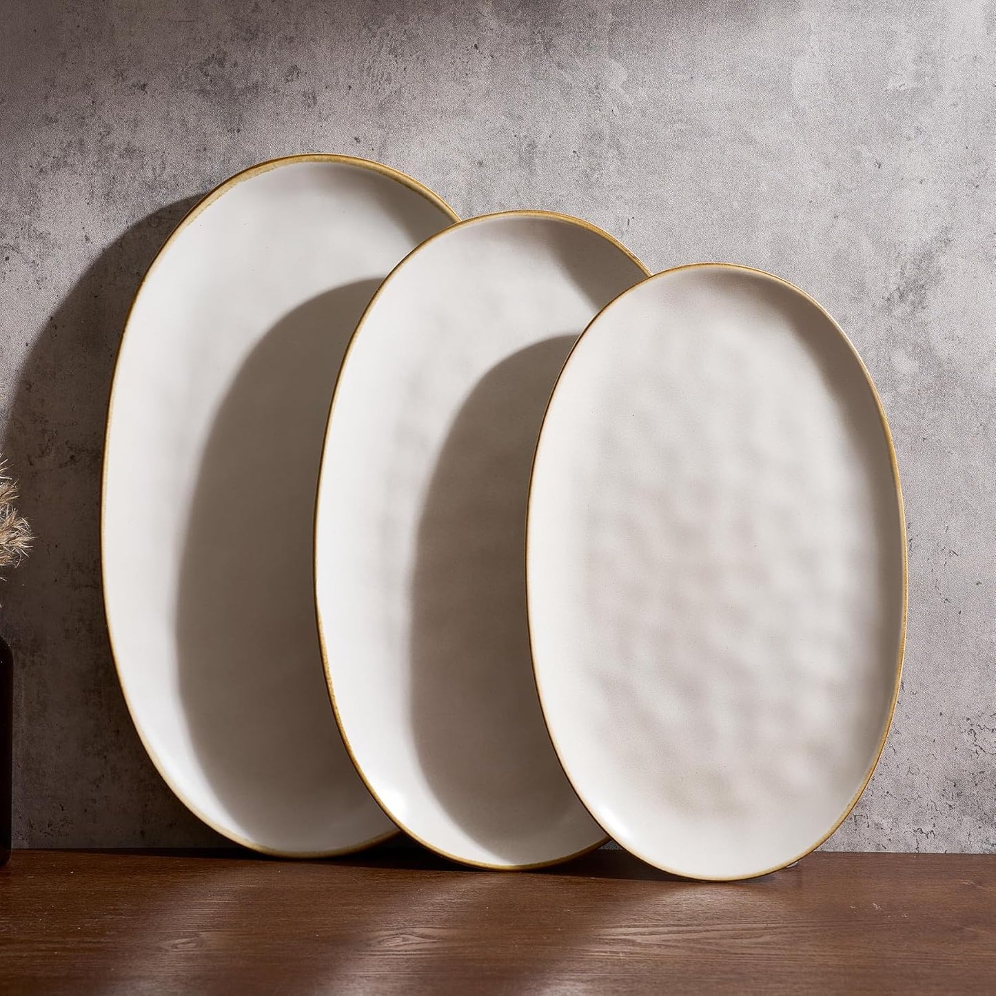 famiware Serving Platter, Oval 15.59/14.3/12.9inch Serving Dishes for Entertaining, Serving Bowls, Microwave Safe, Stoneware Serving Trays for Party, Food, Turkey, Cheese, Ocean Series, Vanilla White