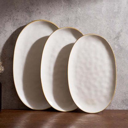 famiware Serving Platter, Oval 15.59/14.3/12.9inch Serving Dishes for Entertaining, Serving Bowls, Microwave Safe, Stoneware Serving Trays for Party, Food, Turkey, Cheese, Ocean Series, Vanilla White