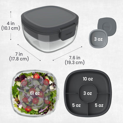 Bentgo Glass Salad Container - 7.6-Cup Salad Bowl with Airtight Lid, Leak-Proof Sauce Container, 4-Compartment Bento Tray & Reusable Fork - BPA-Free for Meal Prep, Office & More (Light Blue)