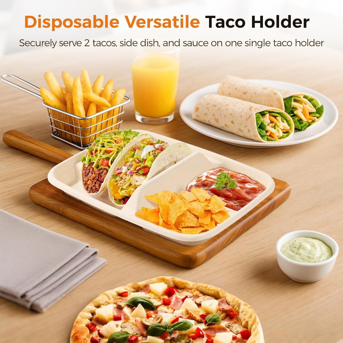100 PCS Disposable Taco Holders, Bagasse Pulp 2-Slot Taco Plate with Side Compartments, Safe Plant Fiber Tray for Taco Tuesday, Party, Sandwich, Hot Dog, Sauce & Snack Serving, Thick(100)