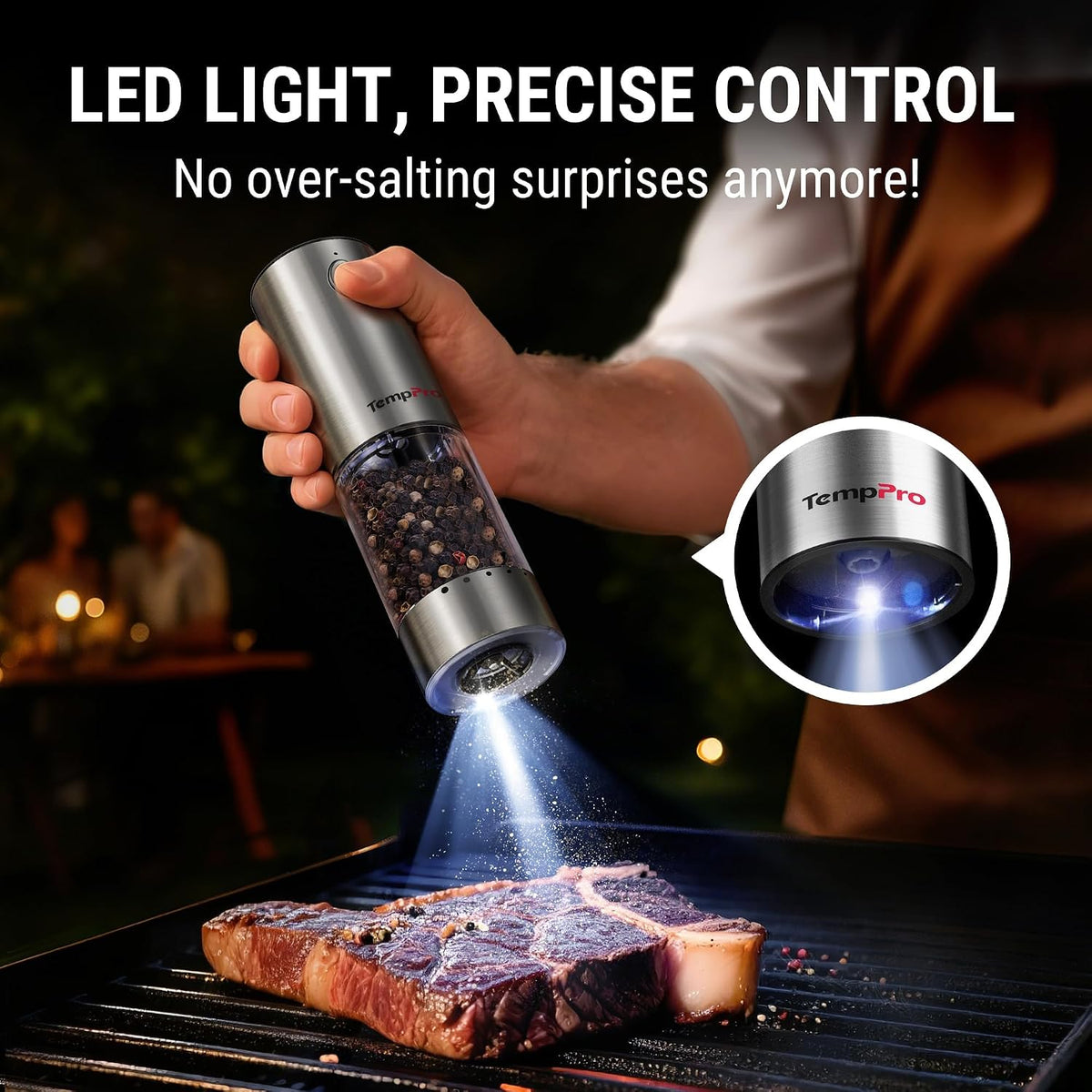 TempPro Rechargeable Electric Salt and Pepper Mill Set with Large Capacity