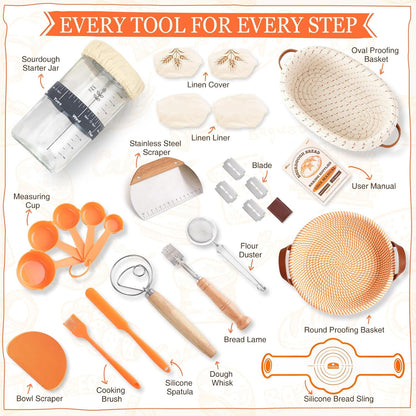 Sourdough Starter Kit, Sourdough Bread Baking Supplies, Sour Dough Starter Kits, Woven Bread Proofing Basket, Sourdough Kit Jar Sour Dough Bread Making Tools Kit Accessories, Gifts for Women Mom Wife
