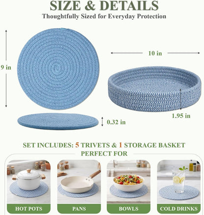 Large Trivets for Hot Dishes, Pots and Pans, Hot Pads with Storage Basket, Pot Holders for Kitchen, Heat Resistant Mats Protect Countertop, Coasters Set Home Essentials Farmhouse Decor 9 Inches 5Pcs