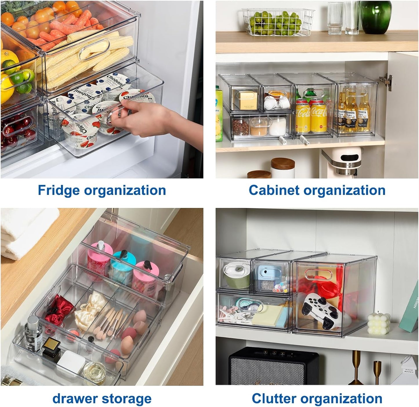 Fridge Organizers and Storage Pull Out Drawer, 2 Large | Dividers, Stackable, Clear, Fruit and Veggies Containers, for Kitchen, Cabinet
