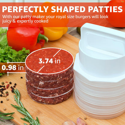 Hamburger Press Patty Maker - 4 in1, Burger Mold, Patty Press, 7 Storage Containers, 100 Round Papers - Hamburger Patty Maker Tool for BBQ - Burger Shaper for Meat, Veggie Patties