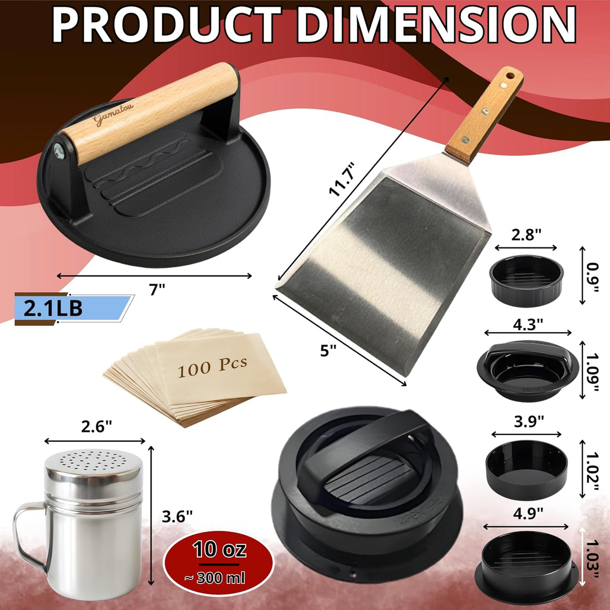 Gamalou® Smash Burger Press Kit: 7” Cast Iron Flat Press, 3-in-1 Hamburger Maker, 6x5” Spatula, Dredge Shaker & 100 Patty Papers for BBQ, Blackstone Griddle, Flat Top, Grill & Frying Pan