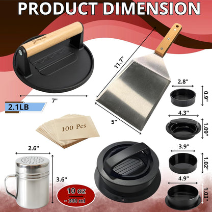 Gamalou® Smash Burger Press Kit: 7” Cast Iron Flat Press, 3-in-1 Hamburger Maker, 6x5” Spatula, Dredge Shaker & 100 Patty Papers for BBQ, Blackstone Griddle, Flat Top, Grill & Frying Pan