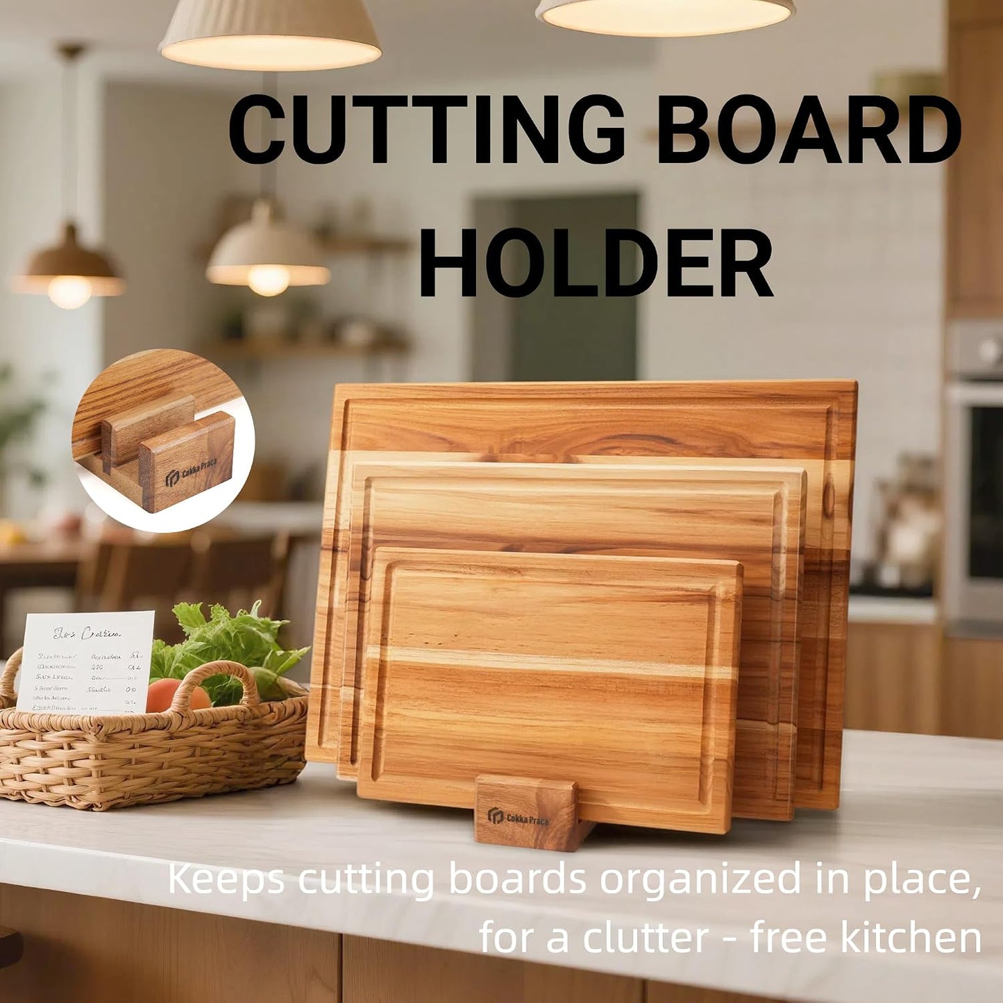 Acacia Wood Cutting Board Set with Stand | 3 Pcs Knife-Friendly Non-Slip Wooden Cutting Boards for Kitchen | 0.7″Thick Butcher Block | Large Solid Chopping Boards with Juice Groove