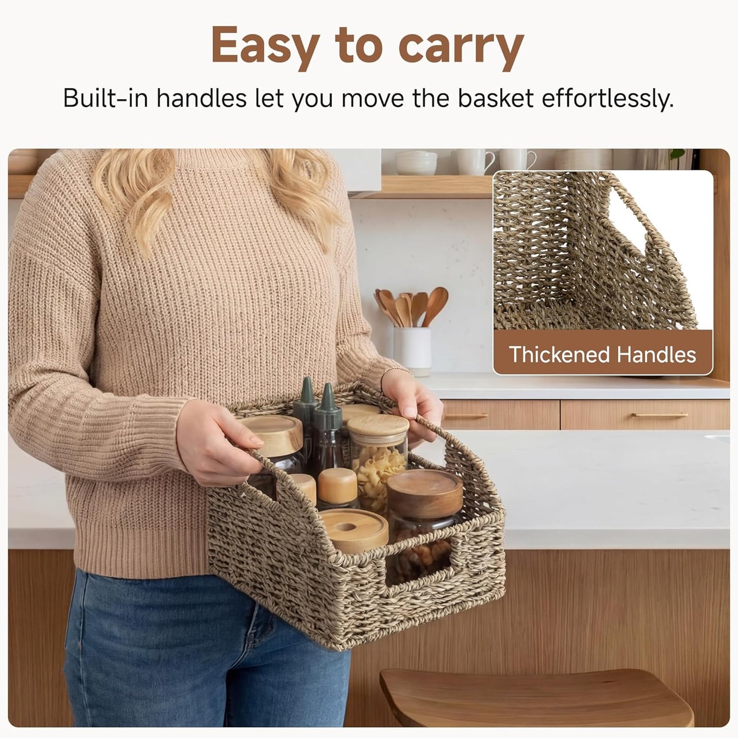 StorageWorks Water Hyacinth Pantry Storage Baskets, Wicker Baskets with Built-in Handles, Handwoven Shelf Baskets for Organizing, Pantry Organizers and Storage, 3 Pack