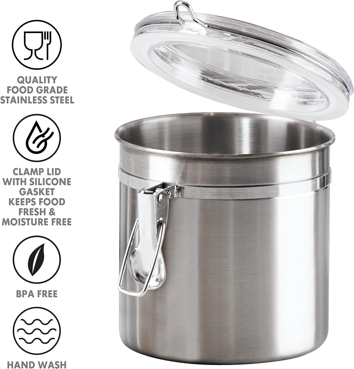 Oggi Stainless Steel Kitchen Canister 62 fl oz - Airtight Clamp Lid, Clear See-Thru Top - Ideal for Kitchen Storage, Food Storage, Pantry Storage. Large Size 5" x 7.5".
