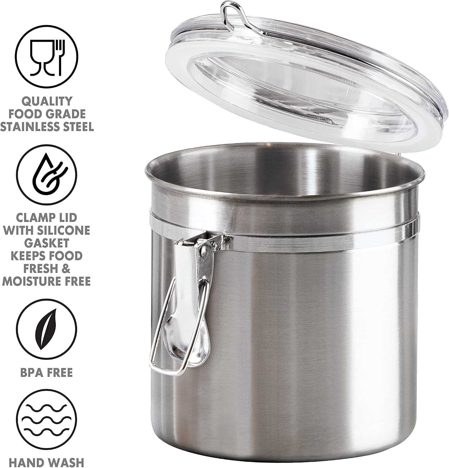 Oggi Stainless Steel Kitchen Canister 62 fl oz - Airtight Clamp Lid, Clear See-Thru Top - Ideal for Kitchen Storage, Food Storage, Pantry Storage. Large Size 5" x 7.5".