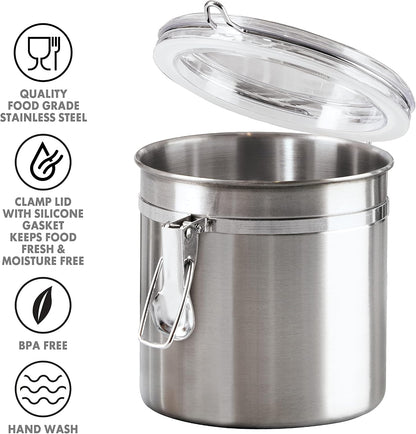 Oggi Stainless Steel Kitchen Canister 62 fl oz - Airtight Clamp Lid, Clear See-Thru Top - Ideal for Kitchen Storage, Food Storage, Pantry Storage. Large Size 5" x 7.5".