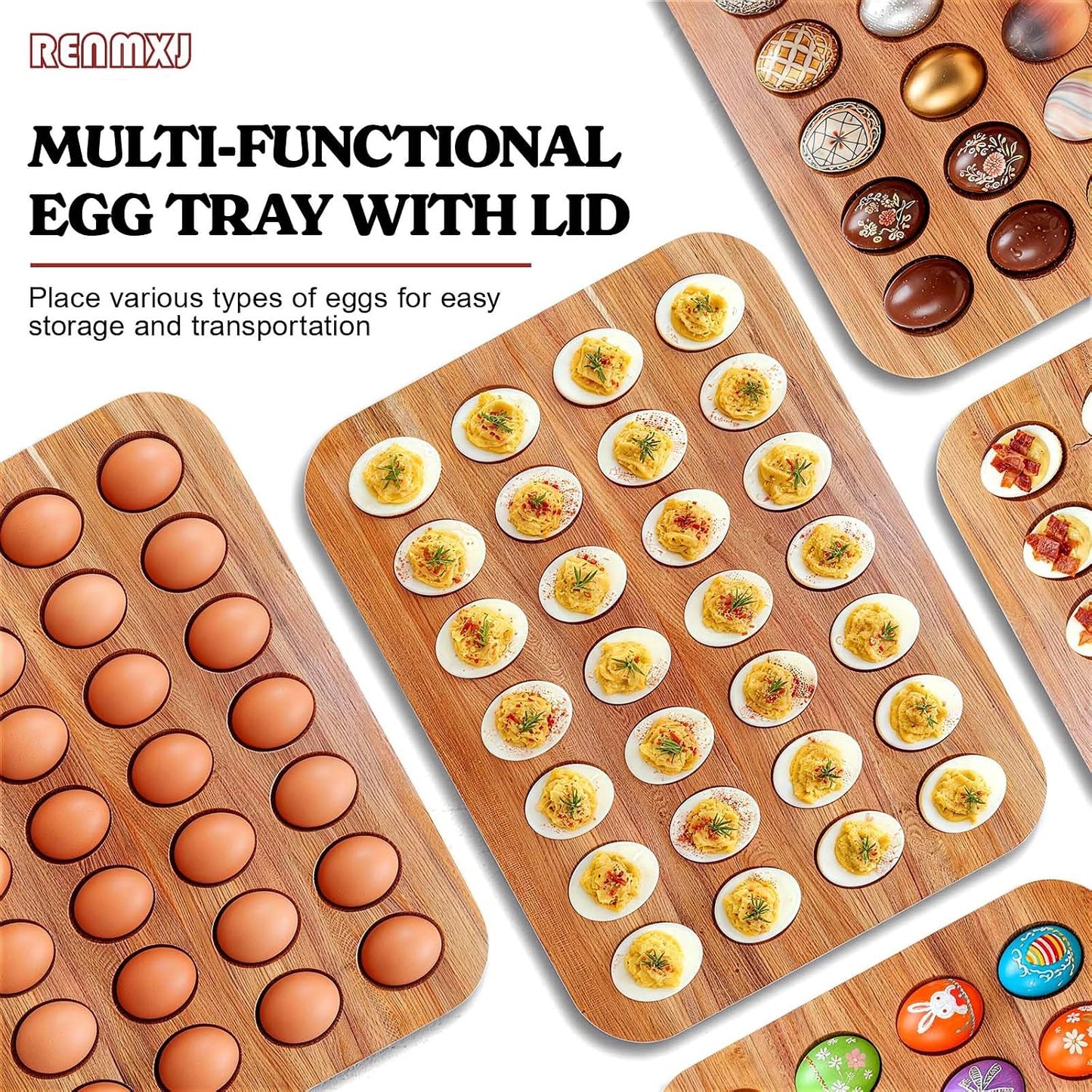 Renmxj Deviled Egg Containers with Lid, 28 Holes Reversible Acacia Wooden Deviled Egg Platter, Lid Dishwasher Safe Egg Tray, Ideal Gift for Women Kitchen & Party (Black)