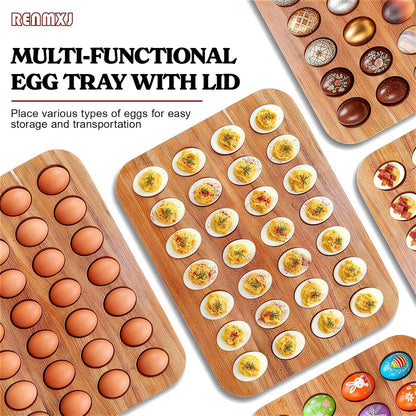 Renmxj Deviled Egg Containers with Lid, 28 Holes Reversible Acacia Wooden Deviled Egg Platter, Lid Dishwasher Safe Egg Tray, Ideal Gift for Women Kitchen & Party (Black)