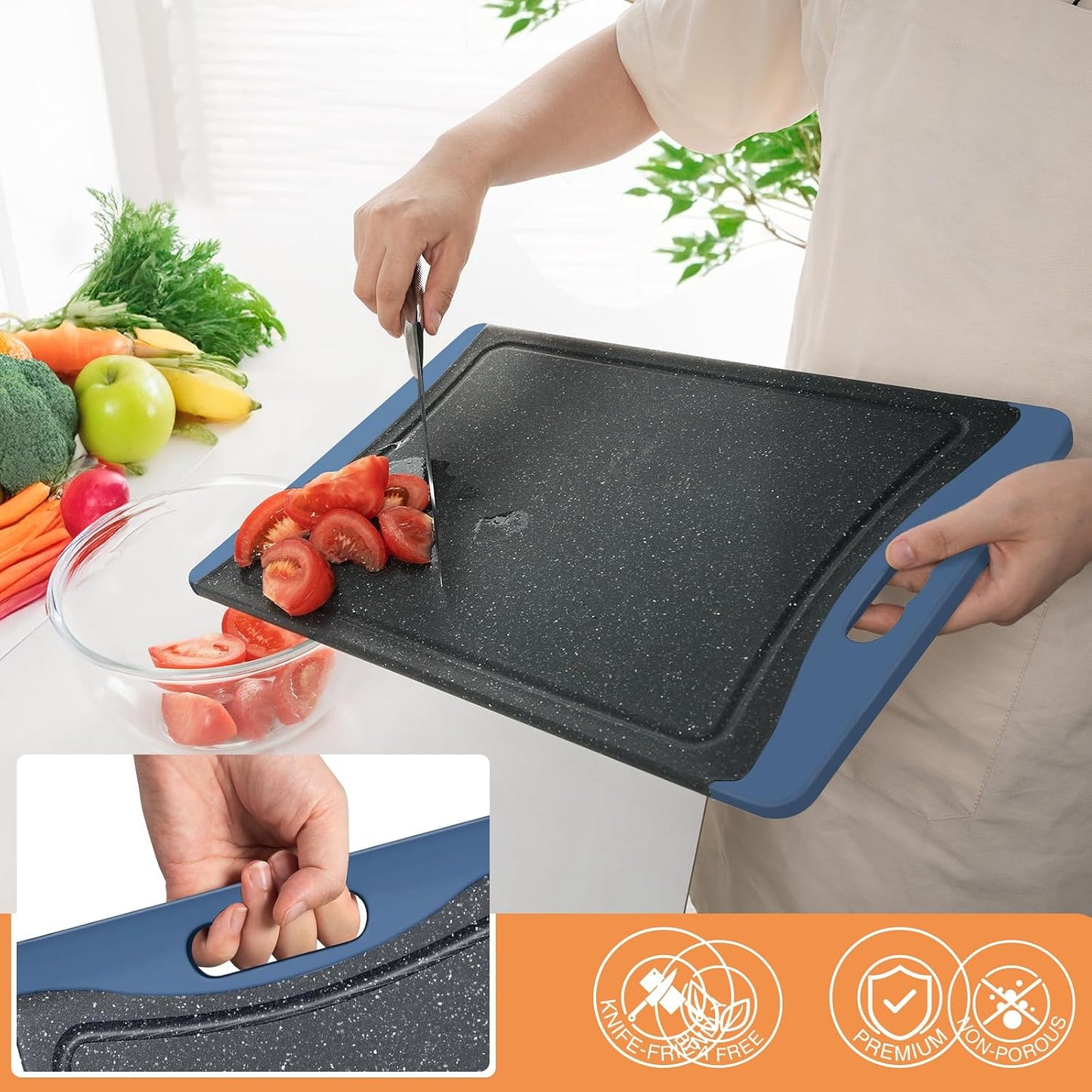 Extra Large Cutting Boards, Plastic Cutting Boards for Kitchen (Set of 3) Cutting Board Set Dishwasher Chopping Board with Juice Grooves Easy-Grip Handles, Dark Grey, Empune