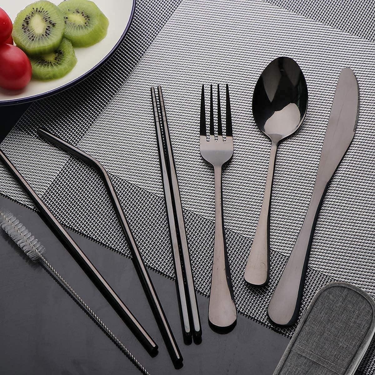 Travel Utensils Set with Case Reusable Portable Cutlery Set Stainless Steel 8pcs Including Dinner Knife Fork Spoon Chopsticks Straws(Rainbow)