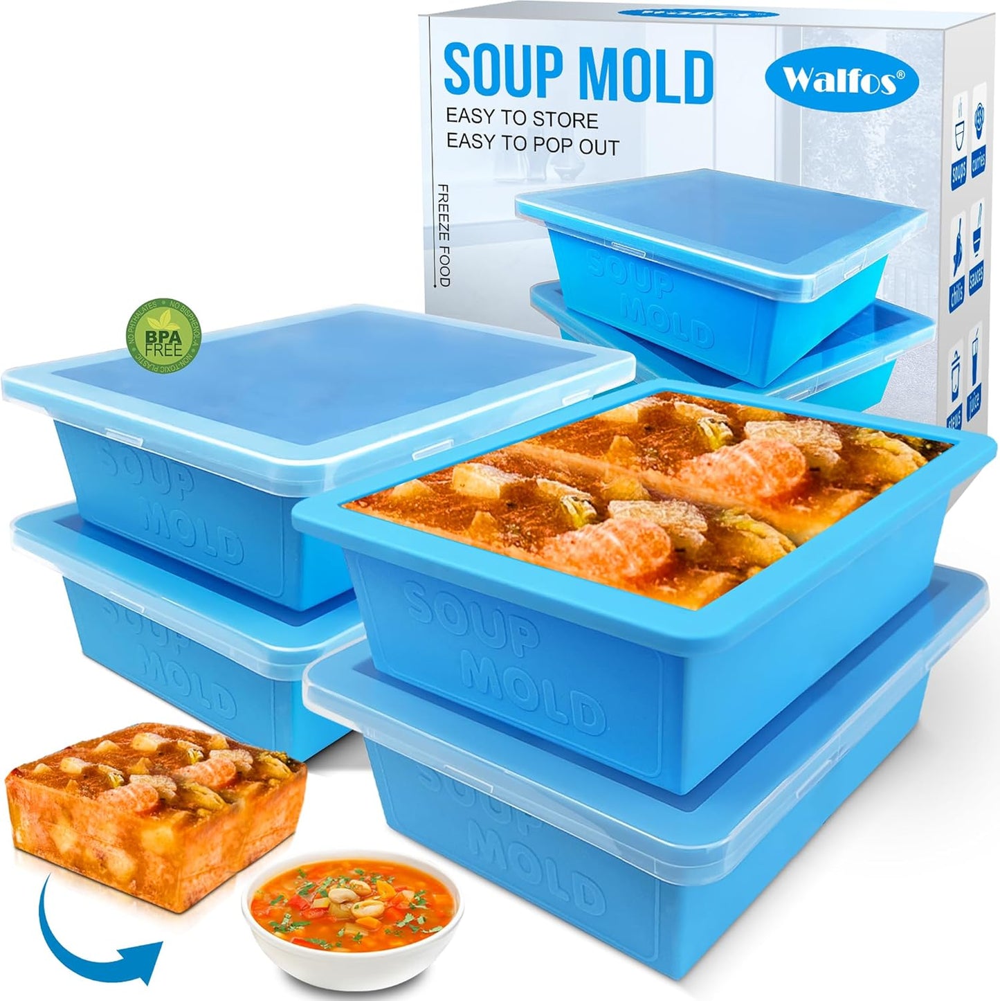 Walfos Silicone Freezer Tray with Lid - 1.5Cup Silicone Food Freezer Tray - Soup, Sauce, leftovers, Homemade Meal Prep Freezing Kitchen Storage Containers - 4pcs-blue