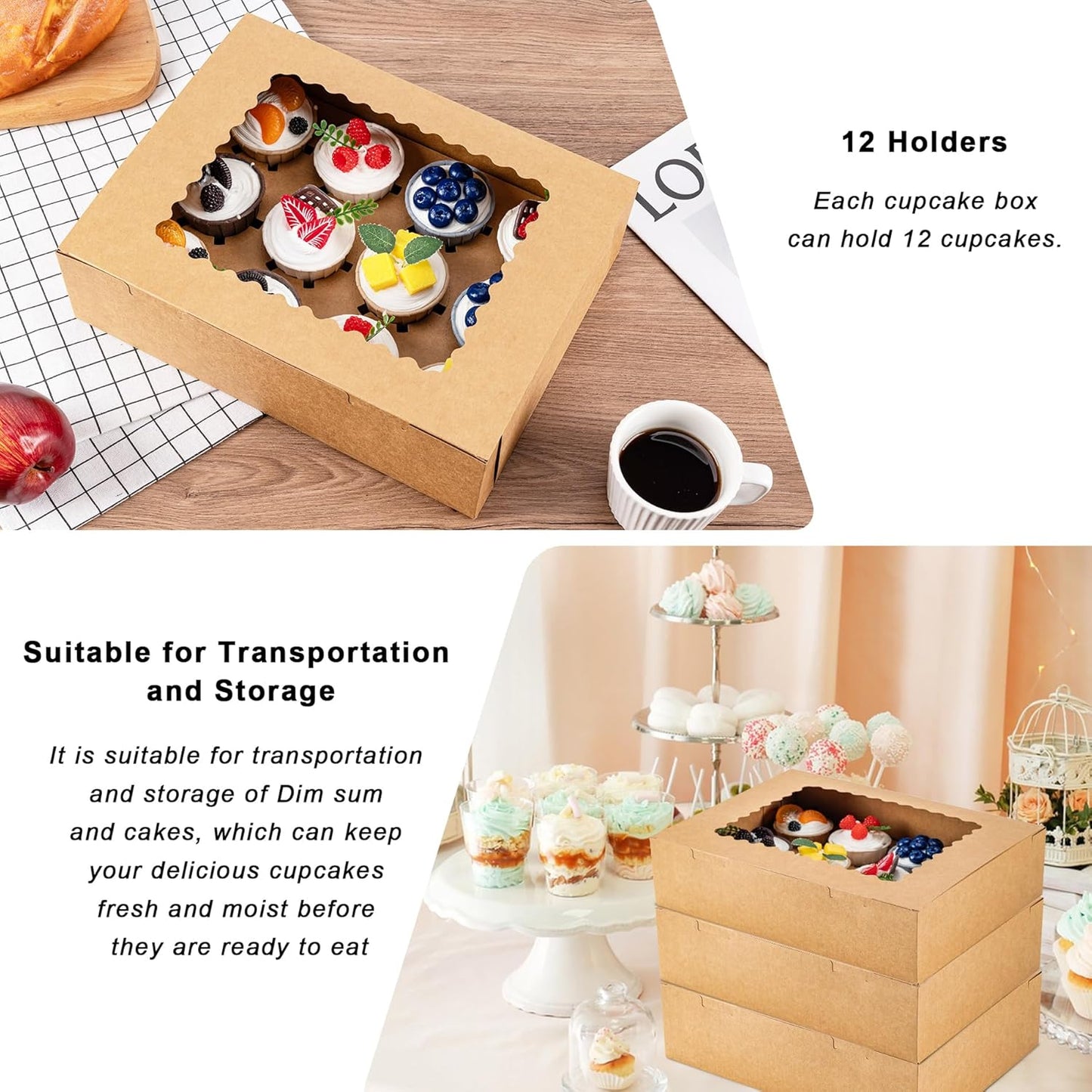 Hoewina 6PCS Cupcake Boxes - Hold 12 Count Cupcake Containers with Window, Food Grade Cupcake Holder Easy Transport and Presentation - Ideal for Cupcakes, Desserts, and More