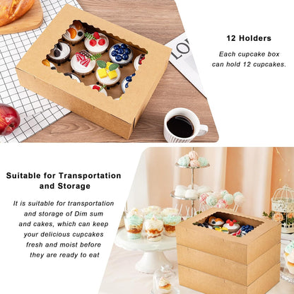 Hoewina 6PCS Cupcake Boxes - Hold 12 Count Cupcake Containers with Window, Food Grade Cupcake Holder Easy Transport and Presentation - Ideal for Cupcakes, Desserts, and More