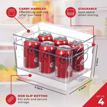 Clear Refrigerator Organizer Bins - Plastic Fridge Organizers - Storage Containers for Organizing Pantry, Cupboard, Cabinet, Freezer, Food, Fruit, Kitchen, Bathroom - Refrigerator Storage Bin set of 4
